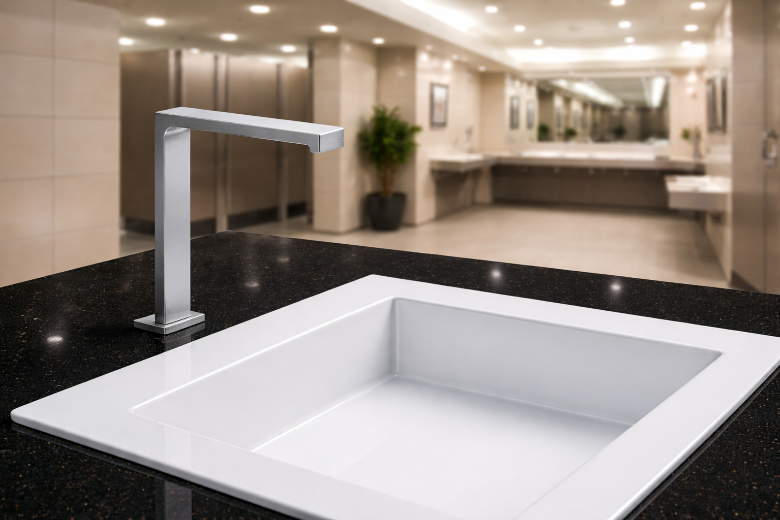 Porcelain sink in commercial restroom with elegant design